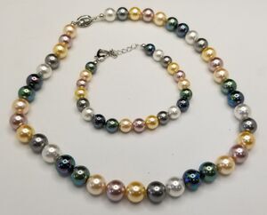 Multicolor Faux Pearl Necklace & Bracelet Set • Sterling Clasp • Gift Bag